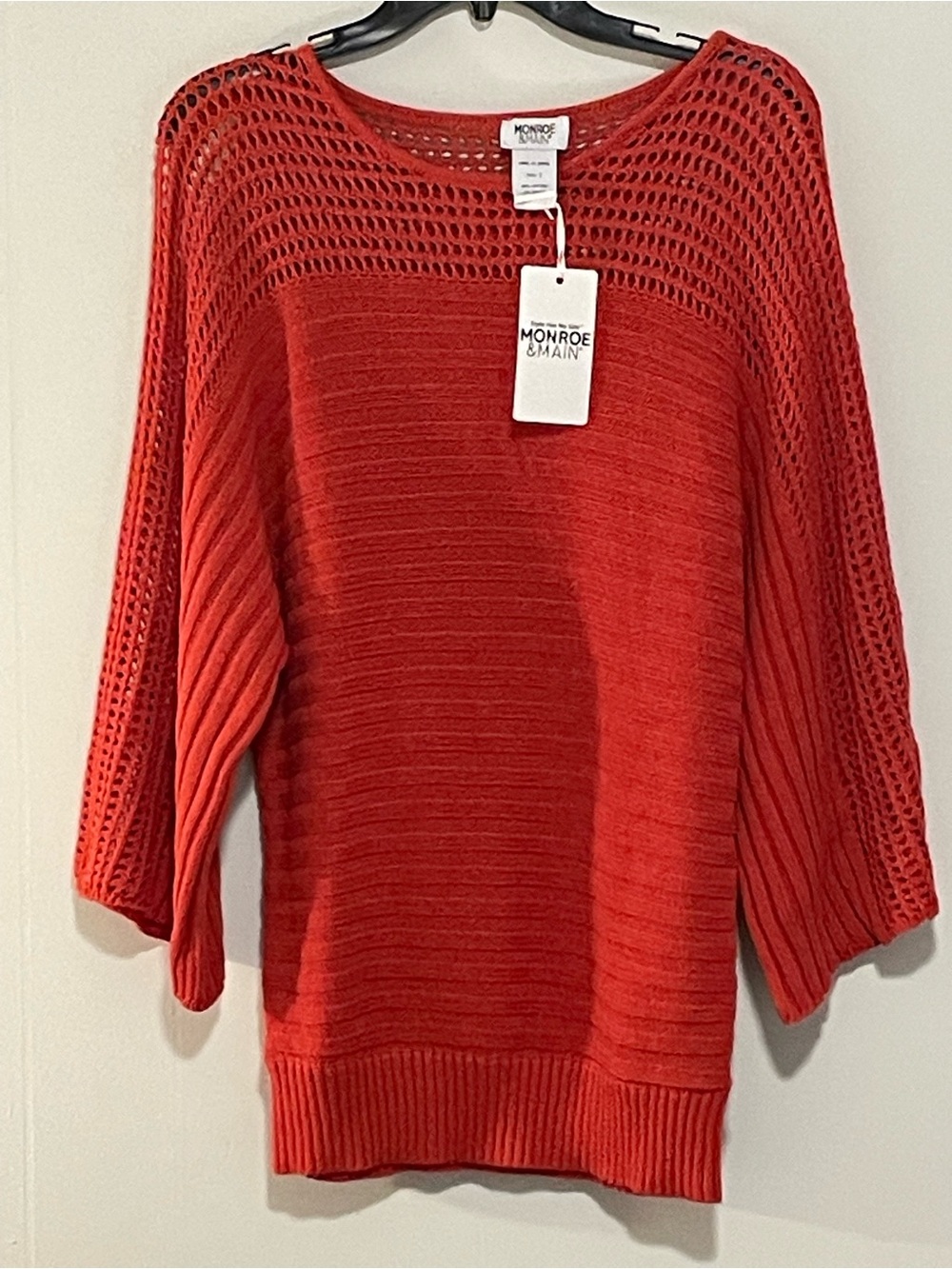 Monroe & Main Coral-Red Open Knit Scoop Neck Sweater. Item # 11532